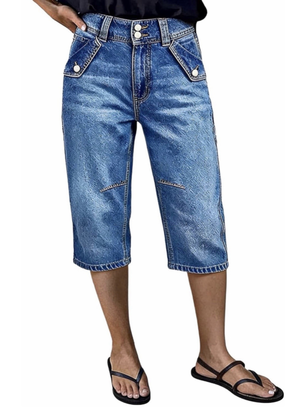 Flamingals Mid Waist Barrel Leg Capri Jeans for Women L